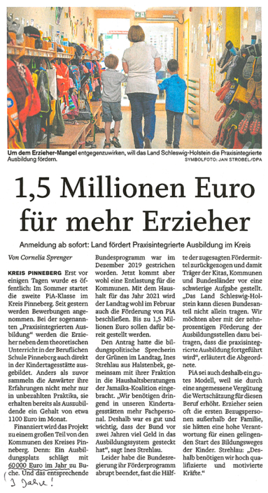 Elmshorner Nachrichten vom 2.2.2021: 1.5 Millionen Euro für mehr Erzieher
