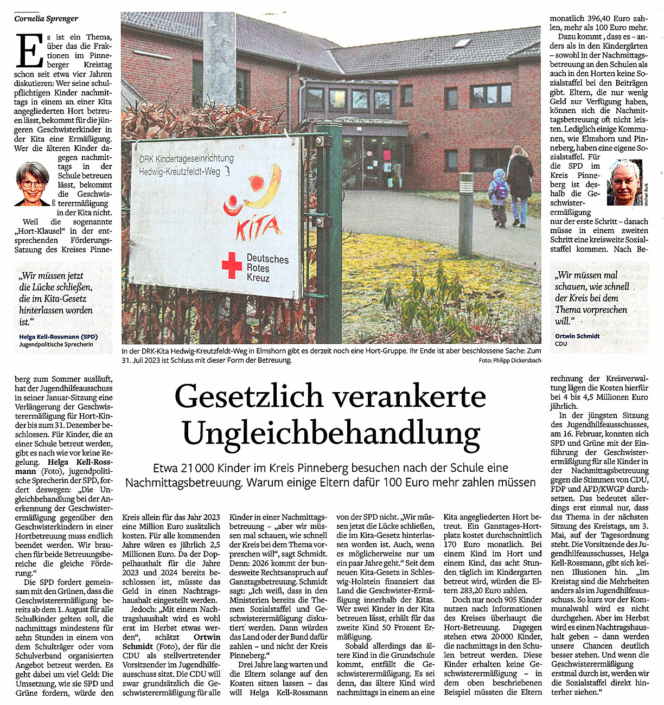 Elmshorner Nachrichten vom 21.02.2023: Gesetzlich verankerte Ungleichbehandlung. Etwa 21000 Kinder im Kreis Pinneberg besuchen nach der Schule eine Nachmittagsbetreuung. Warum einige Eltern dafür 100 Euro zahlen müssen