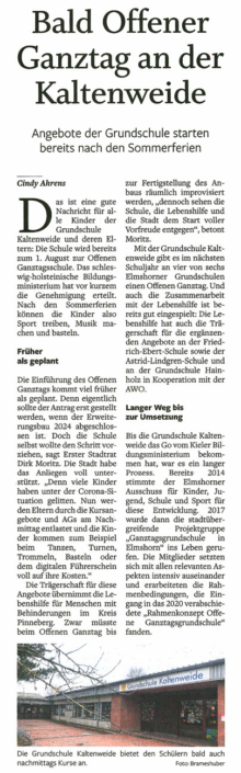 Elmshorner Nachrichten vom 24.5.2022: Bald Offener Ganztag an der Kaltenweide